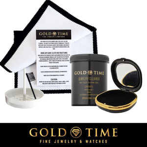 Gold Time care kit contents: a jar of liquid jewelry cleaner with basket and brush, a polishing cloth, and a black travel case