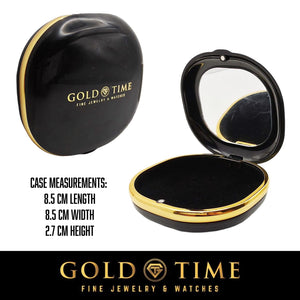 Black and gold travel case shown closed and open, measuring 8.5cm by 8.5cm by 2.7cm