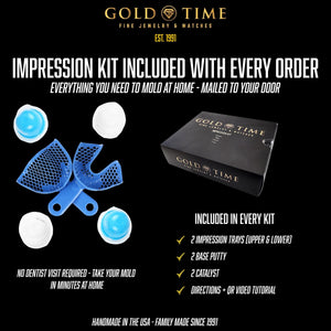 Impression kit graphic showing the two blue impression trays, base putty and catalyst included with every grillz order