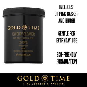 Gold Time liquid jewelry cleaner jar with a note that it includes a dipping basket and brush