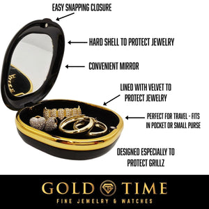 Open travel case with a mirror and velvet lining holding grillz, earrings, and hoops, with feature callouts