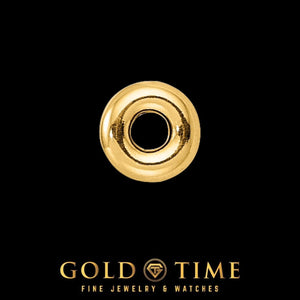 Front view of a 14K yellow gold 3.4mm roundel spacer bead showing the 1.25mm hole