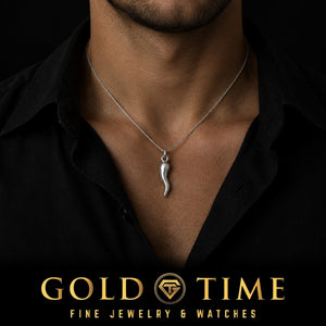 Man in an open-collar black shirt wearing the sterling silver Italian horn cornicello charm on a silver chain, Gold Time