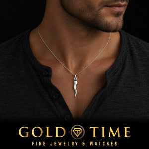 Man in a dark henley wearing the small sterling silver Italian horn charm on a fine chain, Gold Time