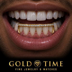 Lower teeth wearing the yellow gold open face hooks grillz with an iced moissanite bar across six teeth and hooks on the canines, Gold Time