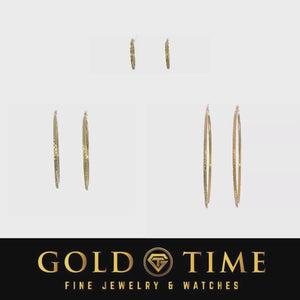 Gold diamond cut hoop earrings shown from several angles to display the faceted surface