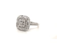 Video of the 10K white gold square round and baguette diamond cluster ring
