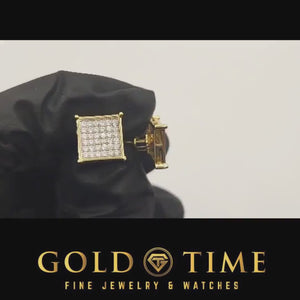 Video of a yellow gold diamond square cluster stud held in a black gloved hand
