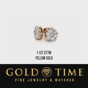 Video showing a 1 1/2 cttw yellow gold diamond flower cluster stud earring