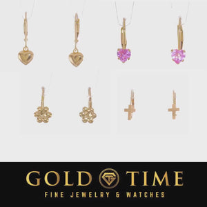 Video of 14k gold kids leverback earrings in heart, pink heart, flower, and cross designs