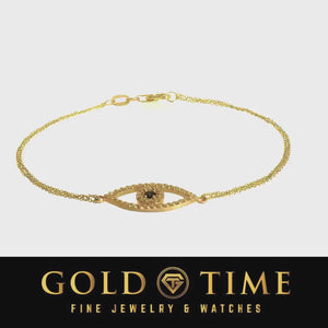 Video of a 14K yellow gold evil eye bracelet with a sapphire center