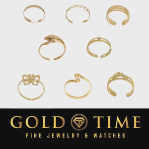 Video of eight gold toe ring designs arranged on white