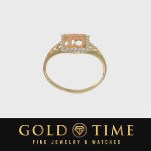 Rotating view of a tri-color 10K gold quinceanera heart ring with CZ accents