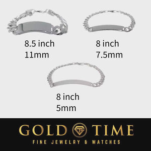 Sterling silver curb link ID bracelets compared in 11 mm, 7.5 mm, and 5 mm widths