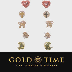Video of 14k gold children's stud earrings in heart, cross, bow, and animal designs