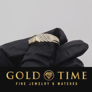 Video of the yellow gold three row diamond band turning in a black gloved hand