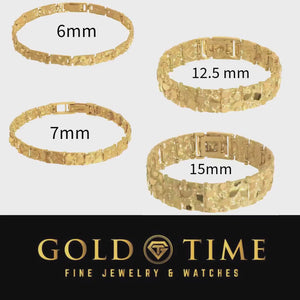 Video of four 14K gold nugget bracelets labeled 6mm, 7mm, 12.5mm, and 15mm