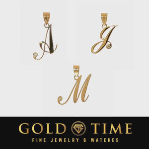 Product video of 14k gold script initial pendants, letters A, J, and M, each with a diamond accent