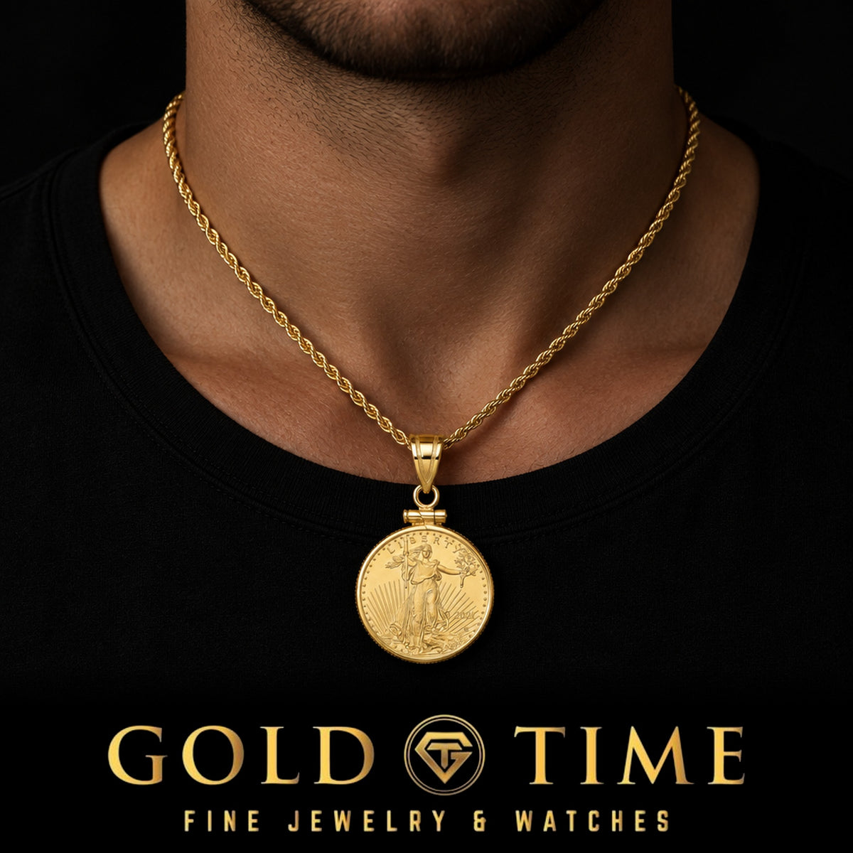 Man wearing the 1/4 oz American Eagle gold coin pendant in a polished 14k gold screw-top bezel on a gold rope chain, Gold Time