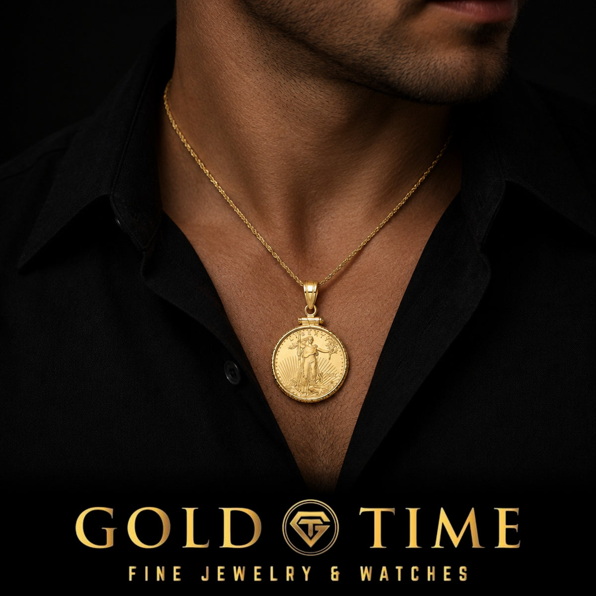 Man in a black shirt wearing the 1/4 oz American Eagle coin pendant in a 14k gold screw-top bezel, Gold Time