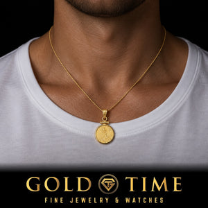 Man in a white t-shirt wearing the 1/10 oz American Eagle gold coin pendant in a polished 14k gold screw-top bezel, Gold Time