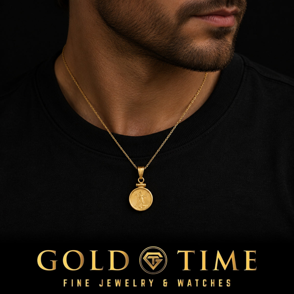 Man in a black t-shirt wearing the small 1/10 oz American Eagle coin pendant on a fine gold chain, Gold Time