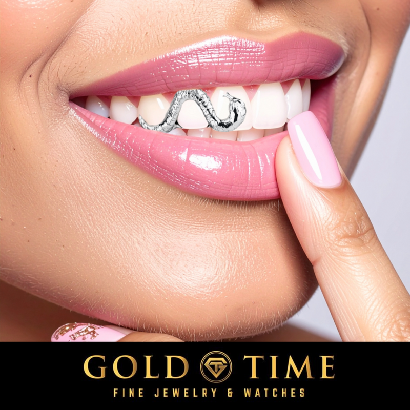 Woman smiling in a white metal snake grill winding across her top teeth