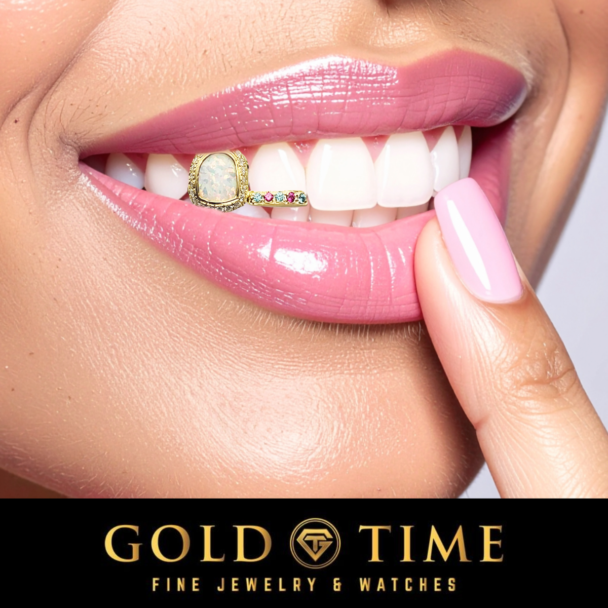 Close-up of a smiling woman's mouth wearing a gold tooth grill with a white stone and small colorful rhinestone accents. A finger with pink nail polish points to the jewelry.